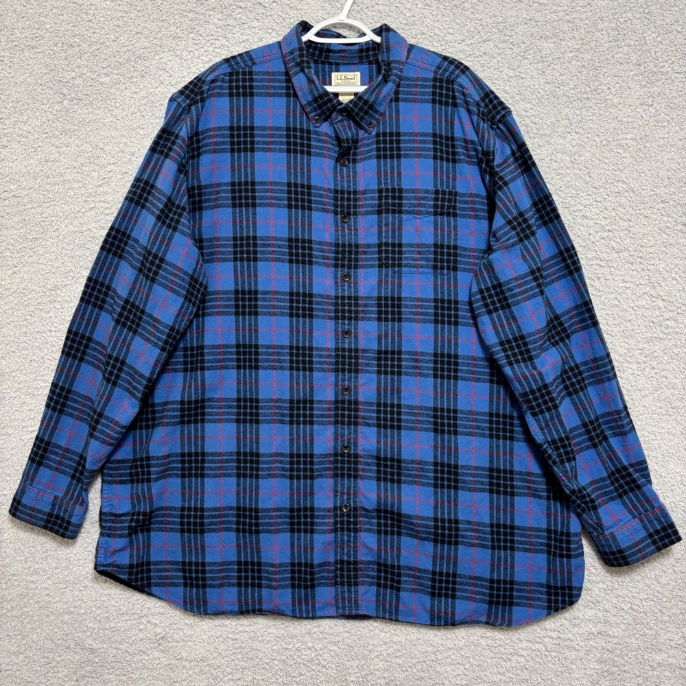 LL Bean Traditional Fit Flannel Shirt Blue Black Red Plaid XXXL Tall Button Down